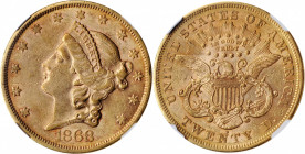 1868-S Liberty Head Double Eagle. AU-55 (NGC).

With peripheral reddish-rose highlights to otherwise pinkish-gold surfaces.

PCGS# 8954. NGC ID: 2...