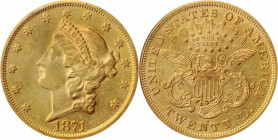 1871-S Liberty Head Double Eagle. AU-58 (NGC).

Light olive undertones backlight dominant orange-gold color on both sides of this sharp and lustrous...