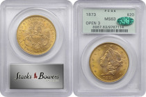 1873 Liberty Head Double Eagle. Open 3. MS-63 (PCGS). CAC. OGH.

Frosty rose-gold surfaces with a sharp strike to virtually all design elements. Wit...