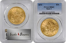 1873 Liberty Head Double Eagle. Open 3. MS-63 (PCGS).

Frosty golden-apricot surfaces with a sharp strike to virtually all design elements. With 1,5...