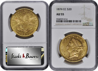 1874-CC Liberty Head Double Eagle. AU-55 (NGC).

Handsome and original golden-wheat surfaces reveal ample mint luster flooding the fields as the coi...
