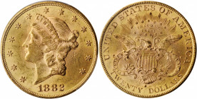 1882-S Liberty Head Double Eagle. MS-62 (PCGS).

Warm honey-gold color with delicate pale rose overtones, this inviting piece also offers sharp stri...