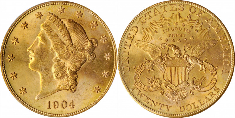 1904-S Liberty Head Double Eagle. MS-65 (PCGS). OGH.

Subtle pink and rose hig...