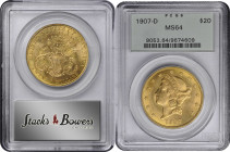 1907-D Liberty Head Double Eagle. MS-64 (PCGS). OGH.

Vivid rose-gold surfaces are further enhanced by full mint luster in a satin to softly frosted...