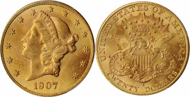 1907-S Liberty Head Double Eagle. MS-64 (PCGS).

Vivid reddish-gold surfaces are fully lustrous in a smooth, billowy, satin to softly frosted textur...