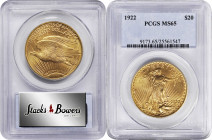 1922 Saint-Gaudens Double Eagle. MS-65 (PCGS).

Lustrous satin surfaces are sharply struck and expectably smooth for the assigned grade. Vivid rose-...