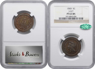 1868 Pattern Five Cents. Judd-627, Pollock-696. Rarity-7-. Copper. Plain Edge. Broad Planchet. Proof-63 BN (NGC). CAC.

Obv: Similar to that employe...