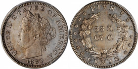 1883 Pattern Liberty Head Nickel. Judd-1712, Pollock-1916. Rarity-6-. Nickel. Plain Edge. Proof-61 (PCGS).

Obv: Chief Engraver Charles E. Barber's ...