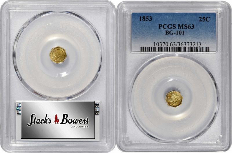 1853 Octagonal 25 Cents. BG-101. Rarity-5-. Liberty Head. MS-63 (PCGS).

Splas...