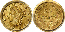 Undated (1853) Round 25 Cents. BG-201. Rarity-7. Liberty Head. AU-58 (PCGS).

Satiny surfaces exhibit subtle pale rose highlights to dominant golden...