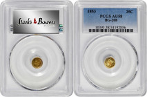 1853 Round 25 Cents. BG-208. Rarity-7. Liberty Head. AU-58 (PCGS).

A rare offering for the advanced collector of California small denomination gold...