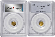 1853 Round 25 Cents. BG-209. Rarity-7-. Liberty Head. AU-58 (PCGS).

This charming piece exhibits iridescent pinkish-rose highlights to otherwise de...