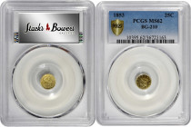 1853-FD Round 25 Cents. BG-210. Rarity-7. Liberty Head. MS-62 (PCGS).

Bright honey-gold surfaces are semi-prooflike in finish, the fields appreciab...