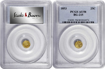1853 Round 25 Cents. BG-215. Rarity-7-. Liberty Head. AU-58 (PCGS).

Flint-gray and medium honey colors blend over both sides of this handsome near-...