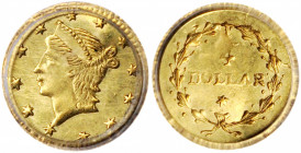 Undated (1853-1854) Round 25 Cents. BG-223. Rarity-4-. Liberty Head. MS-62 (PCGS).

One of Antoine Louis Nouizillet's early Small Head Period I piec...