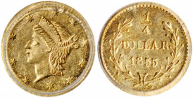 1855 Round 25 Cents. BG-227. Rarity-6. Liberty Head. MS-64 (PCGS).

A vivid medium gold example of this scarce BG number. Modestly reflective in the...