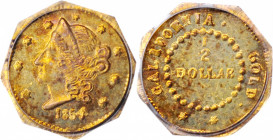 1854 Octagonal 50 Cents. BG-305. Rarity-4-. Liberty Head. MS-64 (PCGS).

Attributed to Frontier, Deviercy & Co., which operated from 1853 to 1864.
...