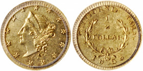 1853-GG Round 50 Cents. BG-414. Rarity-5-. Liberty Head. MS-60 (PCGS).

A popular scarcity with a federal-style head of Liberty and the maker's mark...