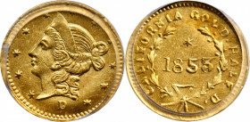 1853-D Round 50 Cents. B-422. Rarity-6+. Liberty Head. MS-63 (PCGS).

Vivid medium gold surfaces with a blush of rose-apricot iridescence over the u...