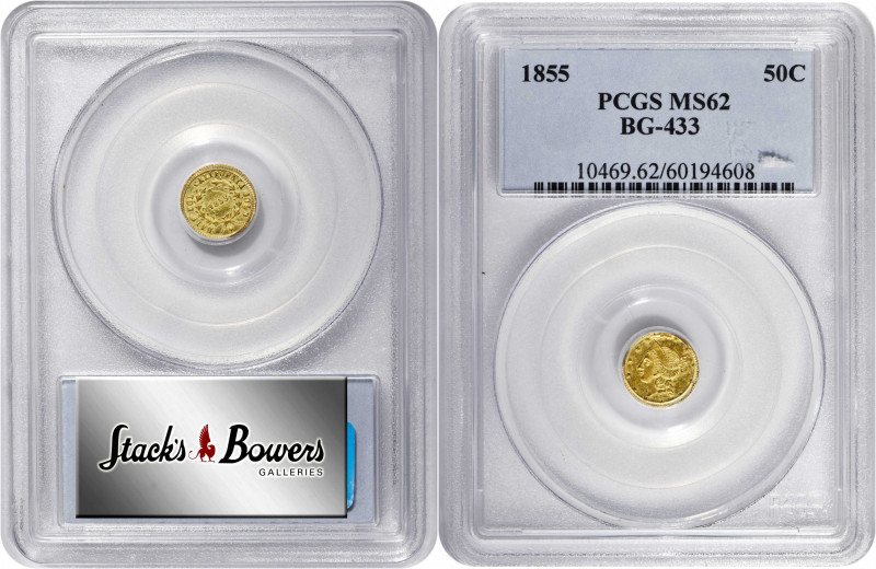 1855 Round 50 Cents. BG-433. Rarity-7-. Liberty Head. MS-62 (PCGS).

A Conditi...