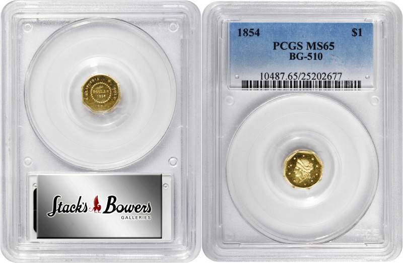 1854-FD Octagonal $1. BG-510. Rarity-5-. Liberty Head. MS-65 (PCGS).

As the s...