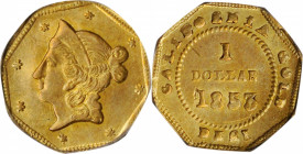 1853-DERI Octagonal $1. BG-514. Rarity-5+. Liberty Head. AU-58 (PCGS).

Satiny with warm golden-honey color, this attractive piece is knocking on th...
