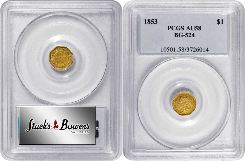 1853-DERI Octagonal $1. BG-524. Rarity-6+. Liberty Head. AU-58 (PCGS).

Satiny...