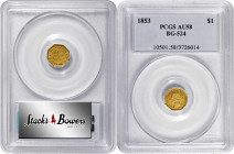 1853-DERI Octagonal $1. BG-524. Rarity-6+. Liberty Head. AU-58 (PCGS).

Satiny honey-orange surfaces exhibit pretty iridescent rose highlights as th...