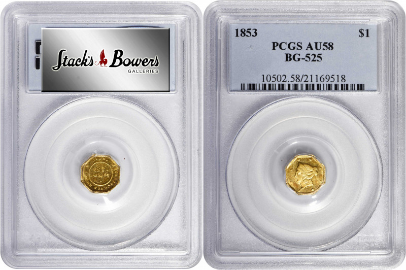 1853-DERIB Octagonal $1. BG-525. Rarity-6+. Liberty Head. AU-58 (PCGS).

From ...