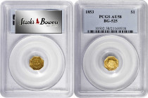 1853-DERIB Octagonal $1. BG-525. Rarity-6+. Liberty Head. AU-58 (PCGS).

From maker M. Deriberpie comes this scarce Period I octagonal gold dollar. ...