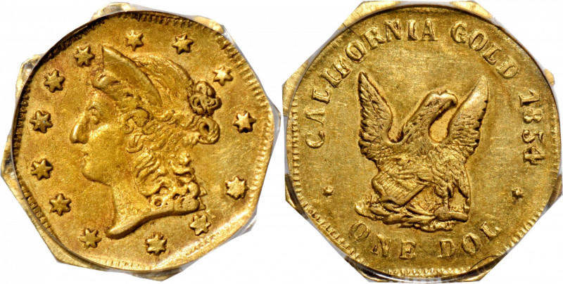 1854 Octagonal $1. BG-534. Rarity-6+. Liberty Head, "Humbert" Eagle Reverse. AU-...