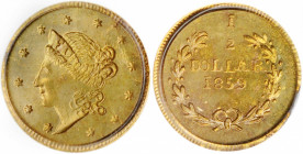 1859-FD Round 50 Cents. BG-1001. Rarity-7-. Liberty Head. MS-64 (PCGS). OGH.

A glorious near-Gem example with vivid deep orange-gold color and a se...