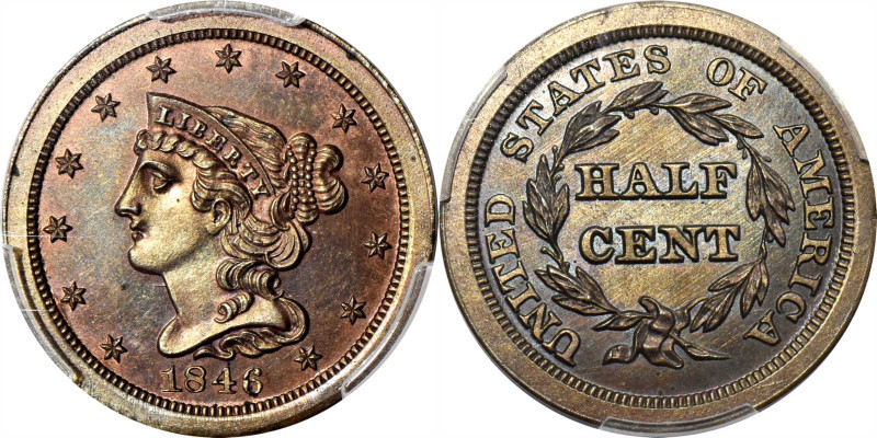 1846 Braided Hair Half Cent. Second Restrike. B-3. Rarity-6. Small Berries (Reve...