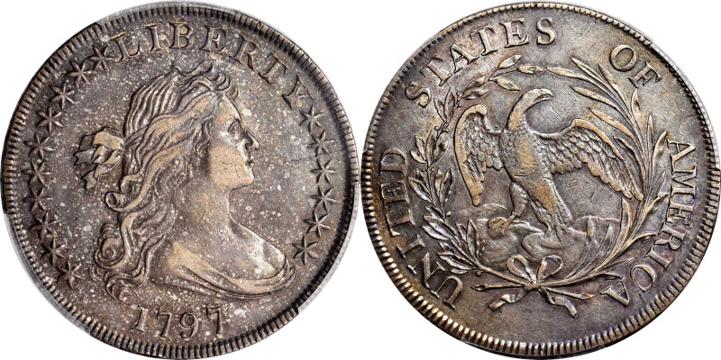 1797 Draped Bust Silver Dollar. BB-71, B-3. Rarity-2. Stars 10x6. EF-45 (PCGS)....