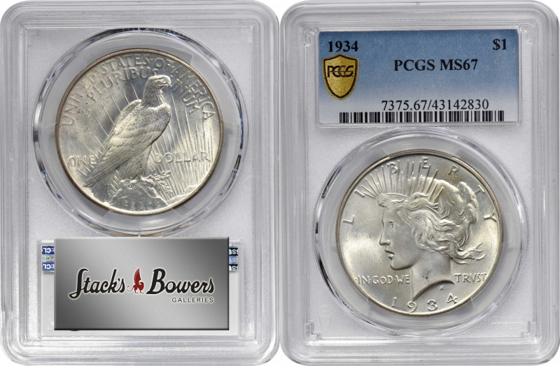 1934 Peace Silver Dollar. MS-67 (PCGS).

The surfaces of this delightful Super...