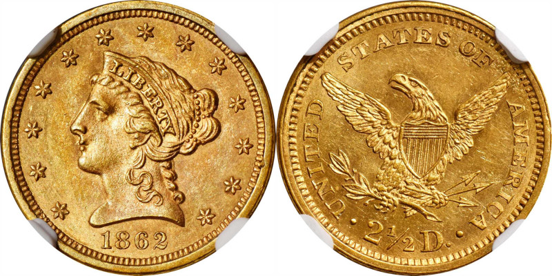 1862 Liberty Head Quarter Eagle. MS-64 (NGC).

An exceptionally well preserved...