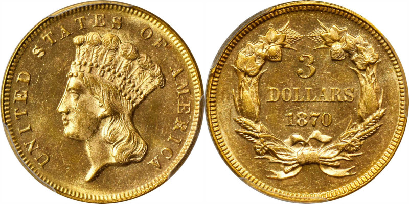 1870 Three-Dollar Gold Piece. MS-64 (PCGS). CAC.

Pale yellow-gold surfaces su...