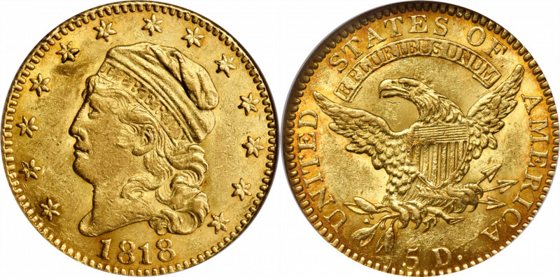 1818 Capped Head Left Half Eagle. BD-1. Rarity-5. AU-58 (NGC).

Lustrous golde...