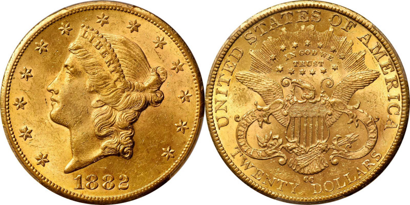 1882-CC Liberty Head Double Eagle. MS-61 (PCGS).

Vivid orange and rose-gold c...