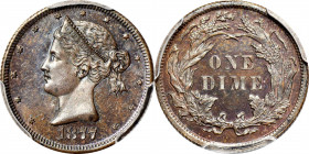 1877 Pattern Dime. Judd-1498, Pollock-1651. Rarity-7-. Copper. Reeded Edge. Proof-65 BN (PCGS). CAC.

Obv: A bust of Liberty faces left with 13 star...