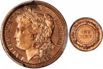 1879 Pattern Morgan Dime. Judd-1589, Pollock-1782. Rarity-7-. Copper. Reeded Edge. Proof-67 RD Cameo (PCGS).

Obv: George T. Morgan's famed Liberty ...