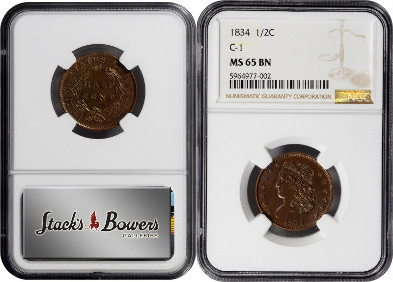 1834 Classic Head Half Cent. C-1, the only known dies. Rarity-1. MS-65 BN (NGC)....