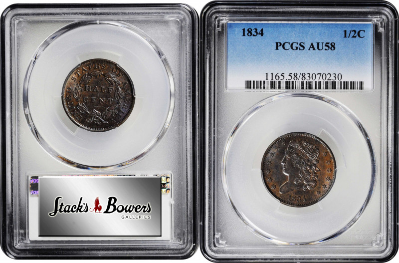 1834 Classic Head Half Cent. C-1, the only known dies. Rarity-1. AU-58 (PCGS).
...