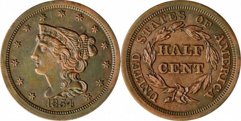1854 Braided Hair Half Cent. C-1. Rarity-1. Mint State, Cleaned, Obverse Scratch...