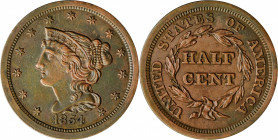 1854 Braided Hair Half Cent. C-1. Rarity-1. Mint State, Cleaned, Obverse Scratches.

PCGS# 1230. NGC ID: 26YY.