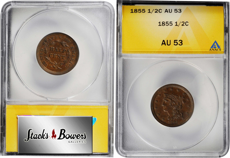 1855 Braided Hair Half Cent. C-1, the only known dies. Rarity-1. AU-53 (ANACS)....
