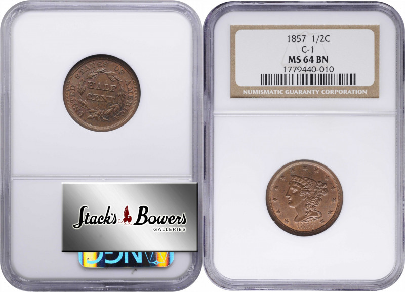 1857 Braided Hair Half Cent. C-1, the only known dies. Rarity-2. MS-64 BN (NGC)....