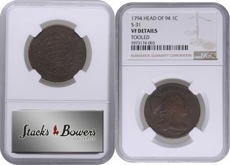 1794 Liberty Cap Cent. S-31. Rarity-1. Head of 1794. VF Details--Tooled (NGC).
...