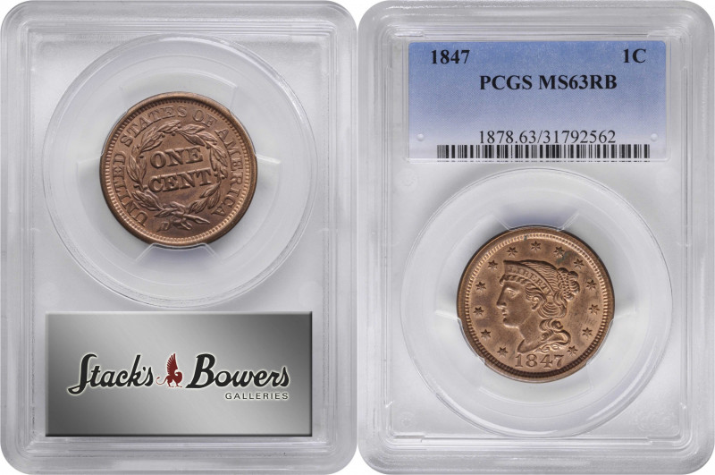 1847 Braided Hair Cent. N-6. Rarity-1. MS-63 RB (PCGS).

PCGS# 1878. NGC ID: 2...