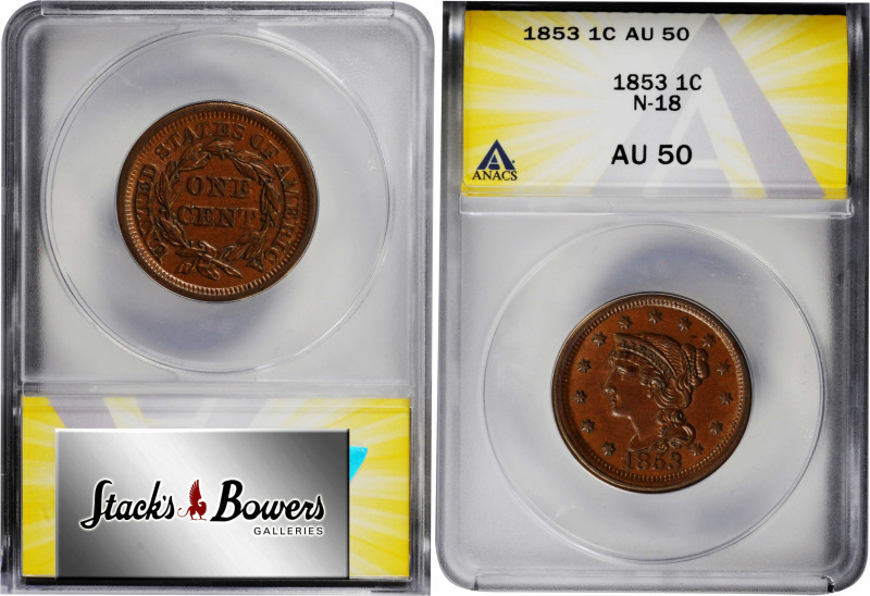 1853 Braided Hair Cent. N-18. Rarity-1. AU-50 (ANACS).

PCGS# 406021. NGC ID: ...